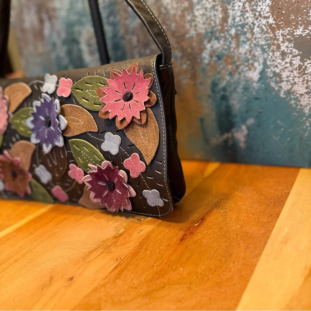 Boho Artisanal 3D Floral Applique Statement Shoulder Bag (EUC) - Picture 6 of 15